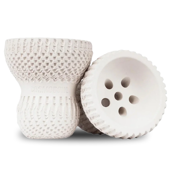 Textured white ceramic shisha bowl with multiple holes, suitable for hookah setup.