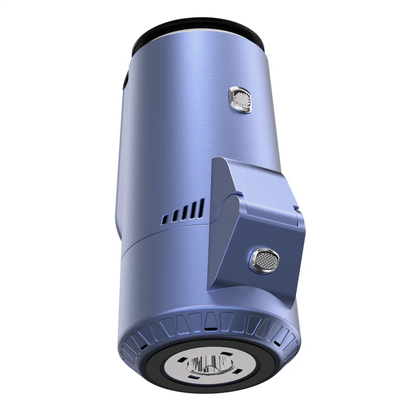 Metallic blue portable shisha charcoal heater with vents and button, isolated on white
