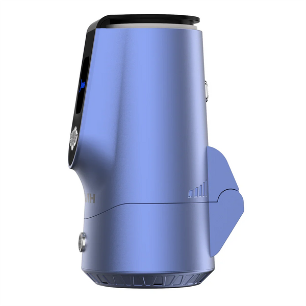 Electric blue hookah charcoal heater with modern design, side vent, and digital display