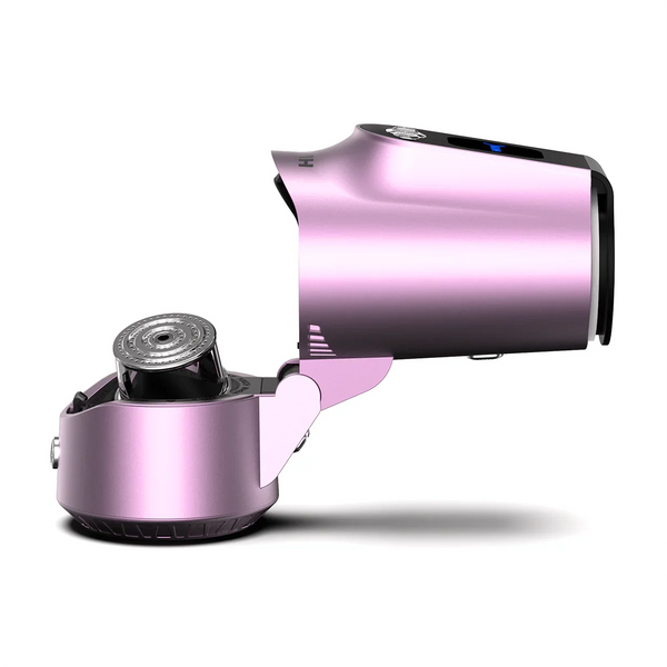 Modern metallic pink electric shisha charcoal heater with open lid on white background