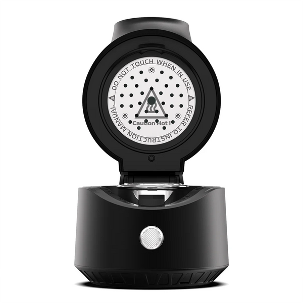 Electric hookah charcoal burner with open lid and hot surface warning