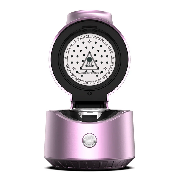 Electric shisha charcoal burner in metallic pink, open lid, caution hot label visible