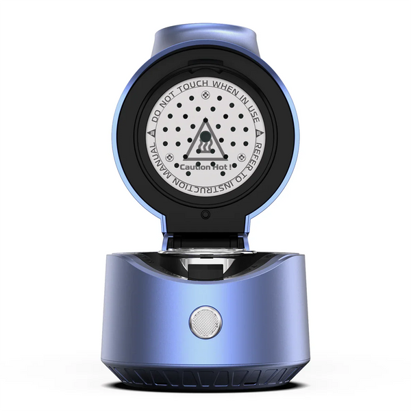 Electric shisha charcoal heater with open lid, metallic blue finish, safety warning visible
