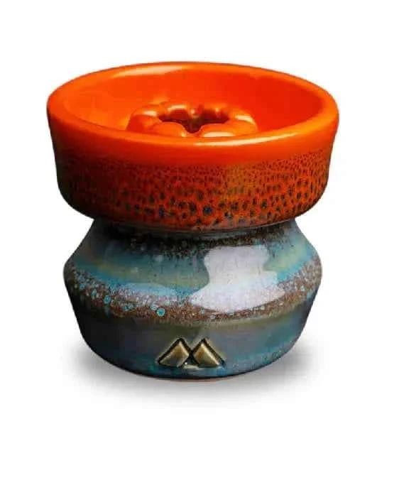 Colorful ceramic shisha bowl with orange top and blue textured base for hookah setup