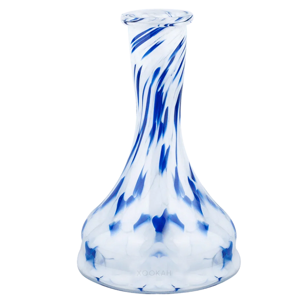 Blue and white glass hookah base with swirl pattern on plain background