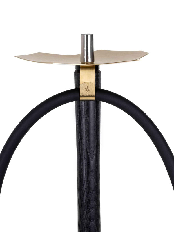 Modern black and gold hookah with curved hose on white background