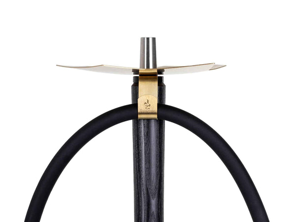 Modern shisha pipe with gold and black stem and black hose on white background