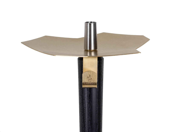 Modern hookah stem with gold tray and black shaft, minimalist design on white background