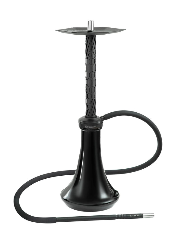 Black modern hookah with hexagonal patterned stem and silicone hose on white background
