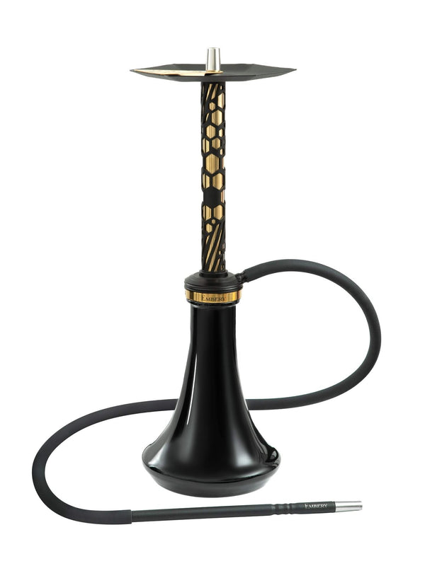 Modern black and gold hookah with patterned stem and silicone hose on white background