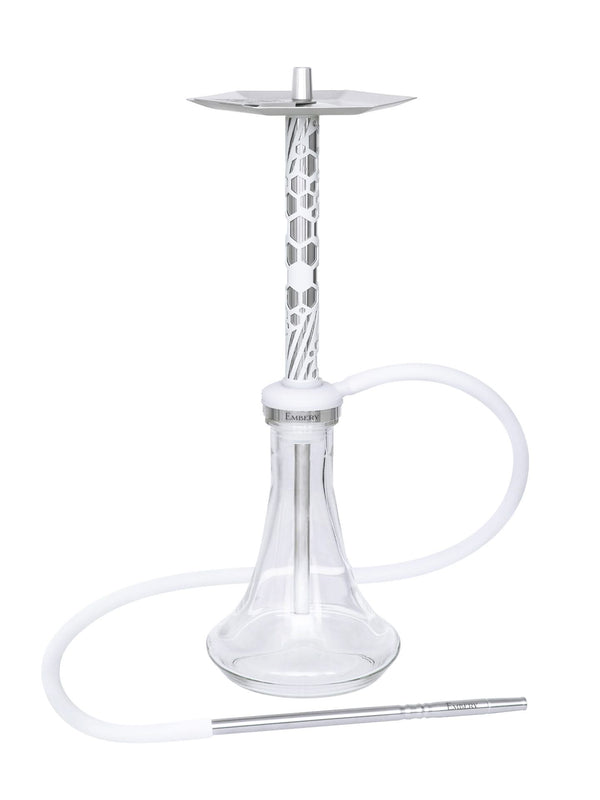 Modern glass and metal shisha pipe with white hose and hexagonal stem design