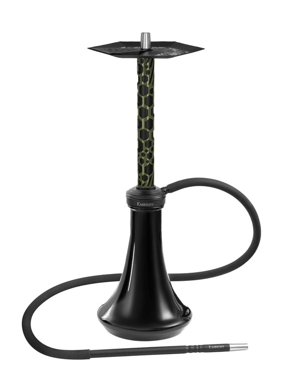 Modern black hookah with geometric green stem and silicone hose on white background