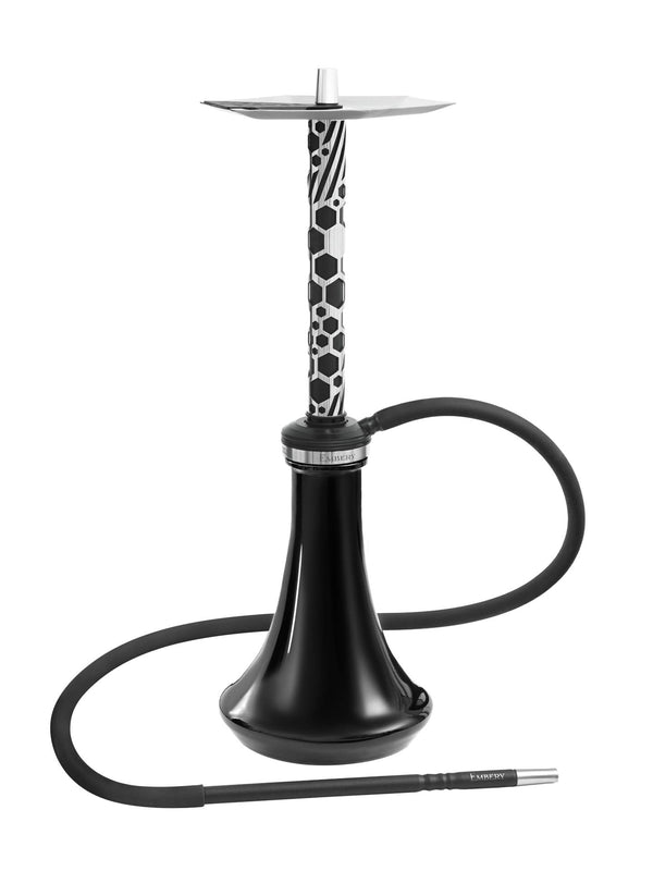 Modern black and white hookah with hexagonal patterned stem and silicone hose on white background
