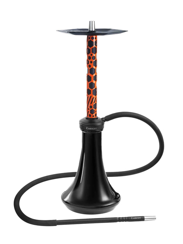 Modern black and orange shisha pipe with a honeycomb pattern stem and silicone hose