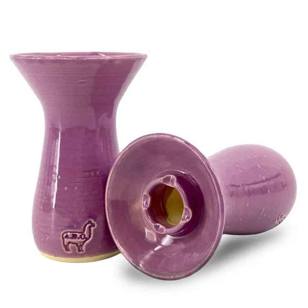 Purple ceramic shisha bowl with glossy finish, shown upright and on its side.