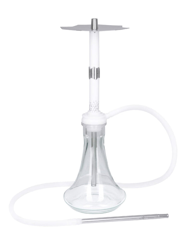 Modern clear glass shisha pipe with white stem, silicone hose, and metal tray on white background