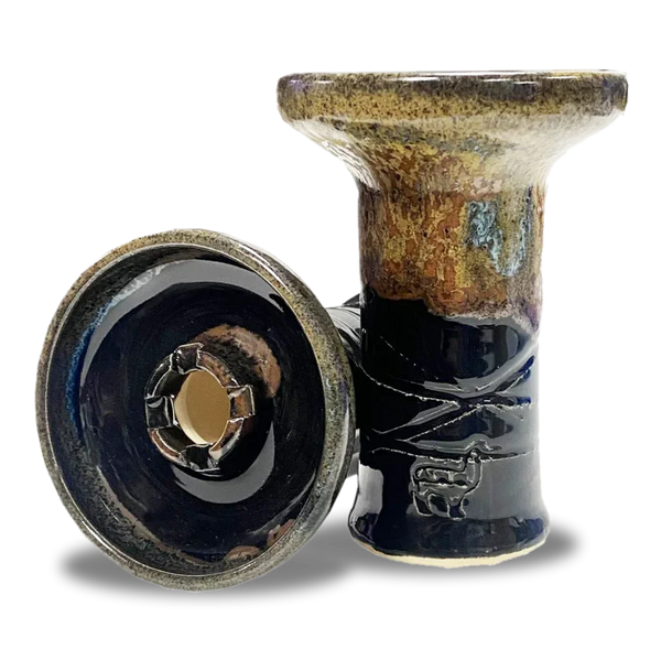 Ceramic hookah bowl with glossy black and brown finish, displayed upright and sideways.
