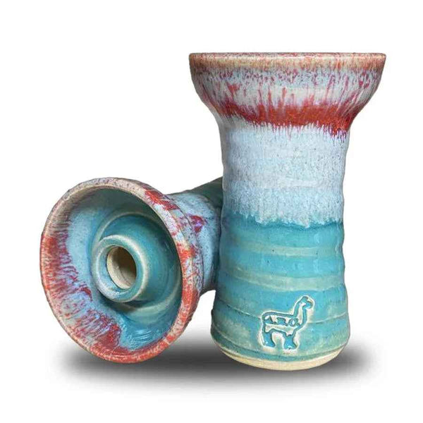 Ceramic hookah bowl with blue, white, and red glazed finish, featuring animal motif