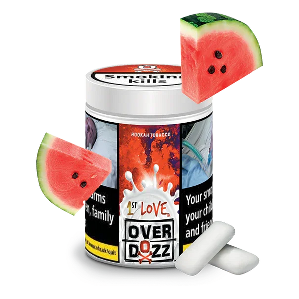Hookah tobacco container labeled '1st Love Overdozz' with watermelon slices and gum sticks