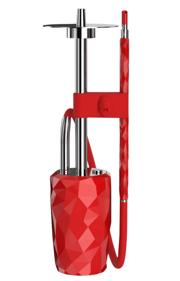 Modern geometric red hookah with stainless steel stem and red silicone hose