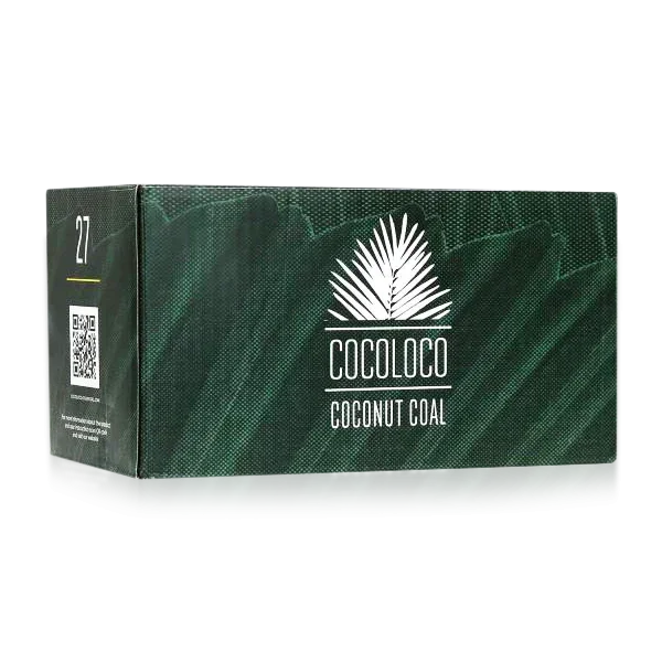 Box of Cocoloco coconut coal for shisha on a green textured background