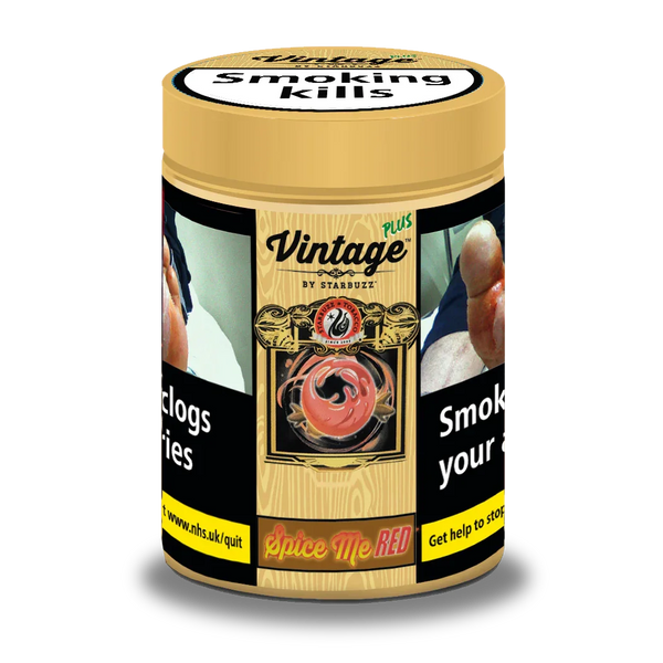 Starbuzz Vintage Plus Spice Me Red shisha tobacco tin with health warnings and detailed label