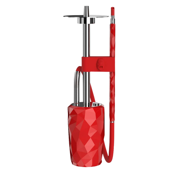 Modern red geometric hookah with stainless steel accents and matching hose