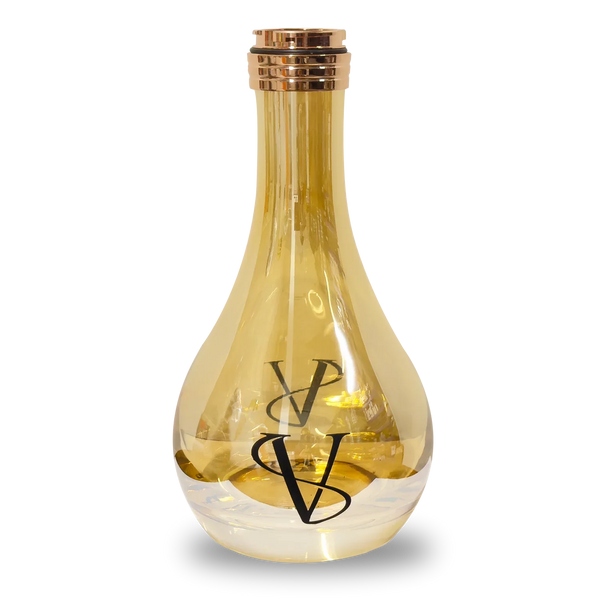 Gold glass hookah base with black VS logo, reflective finish, isolated on white background