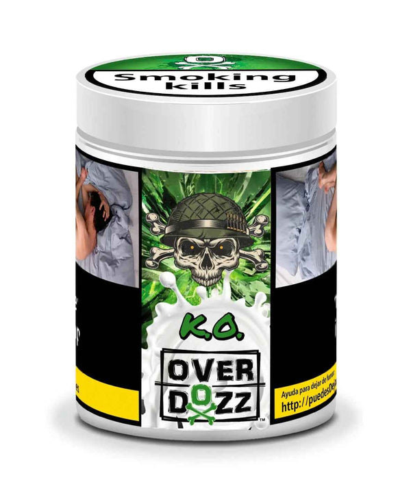 Overdozz K.O. shisha tobacco container with warning label and skull graphic