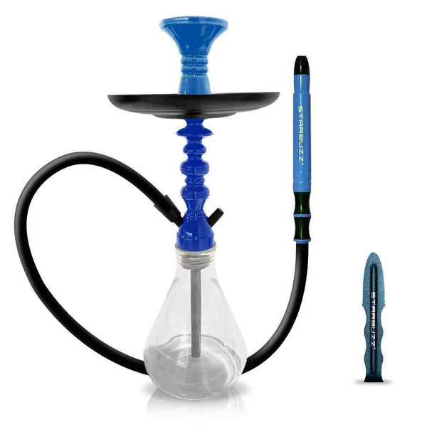 Modern blue hookah with clear glass base, black hose, and Starbuzz handle on white background