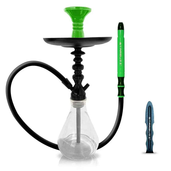 Modern hookah with clear glass base, black stem, and green hose handle and bowl