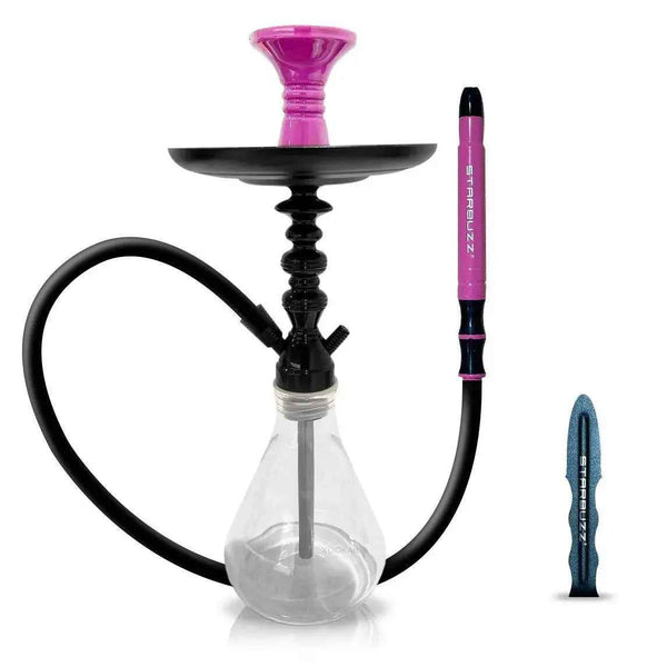 Modern glass base hookah with pink bowl, black hose and Starbuzz handle, accessories included