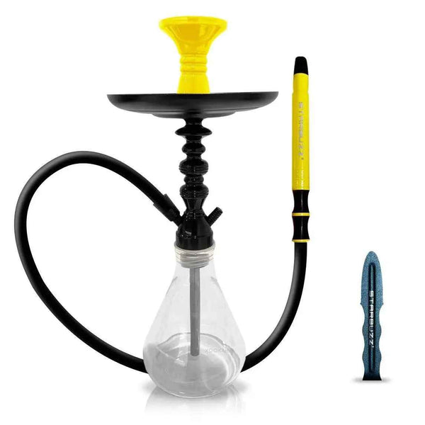 Modern hookah with clear glass base, black stem, yellow bowl and hose, and Starbuzz mouth tip