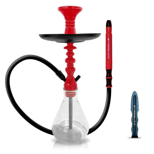 Red and clear Starbuzz hookah with black hose and mouthpiece, modern shisha set