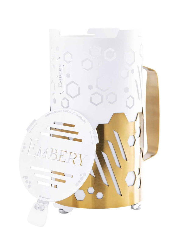 Modern hookah coal holder with white and gold hexagonal design and Embery branding