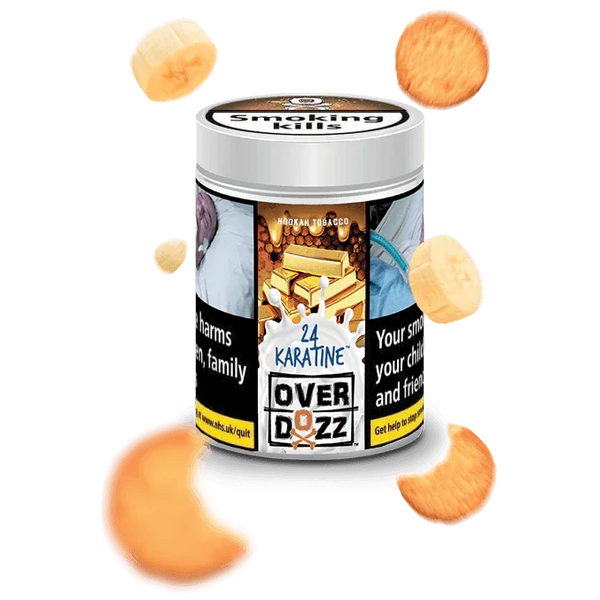 Overdozz 24 Karatine shisha tobacco tin with cashew and banana pieces floating around