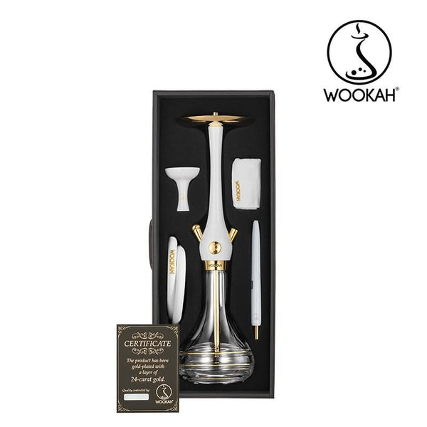 24k gold plated white hookah set with glass base, accessories, and certificate in gift box