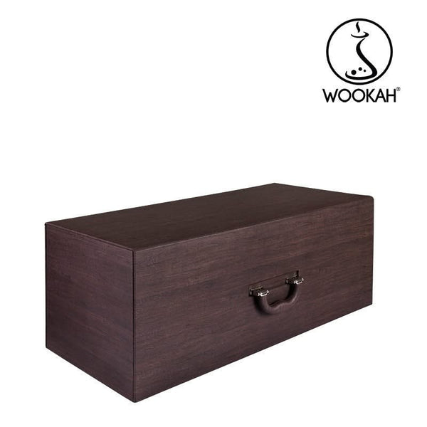 Dark wooden storage box with handle and Wookah logo on a white background