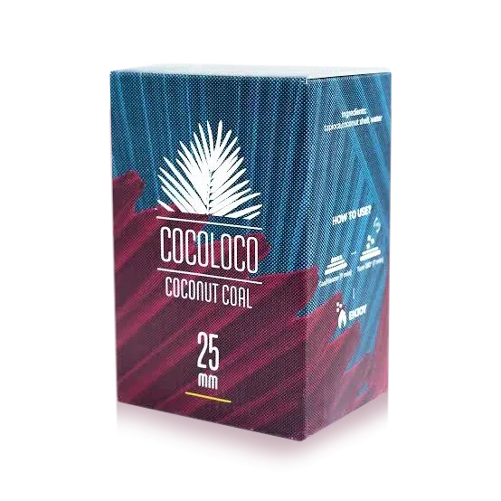 Cocoloco coconut coal 25mm box for shisha, blue and maroon packaging