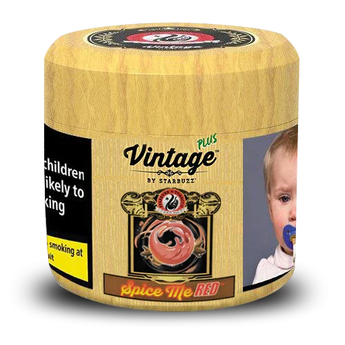 Starbuzz Vintage Plus Spice Me Red hookah tobacco in wood-style container with warning label