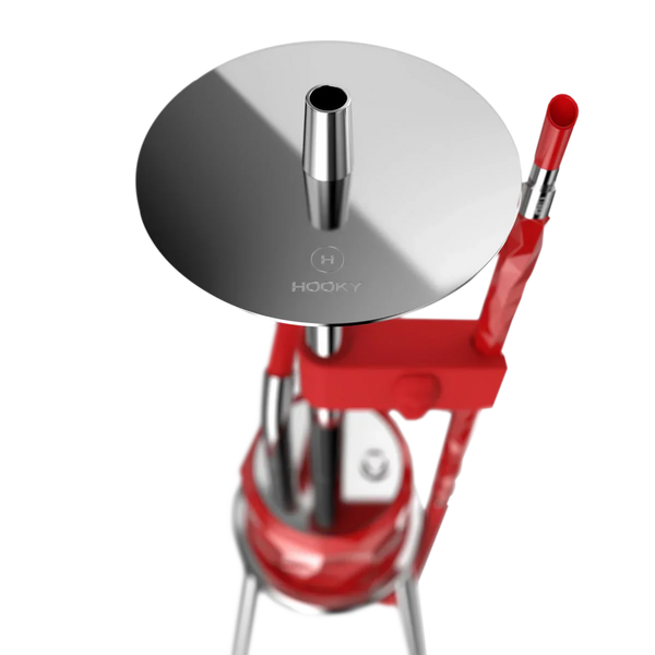 Modern red and silver shisha pipe with steel tray and HOOKY logo, top-down view