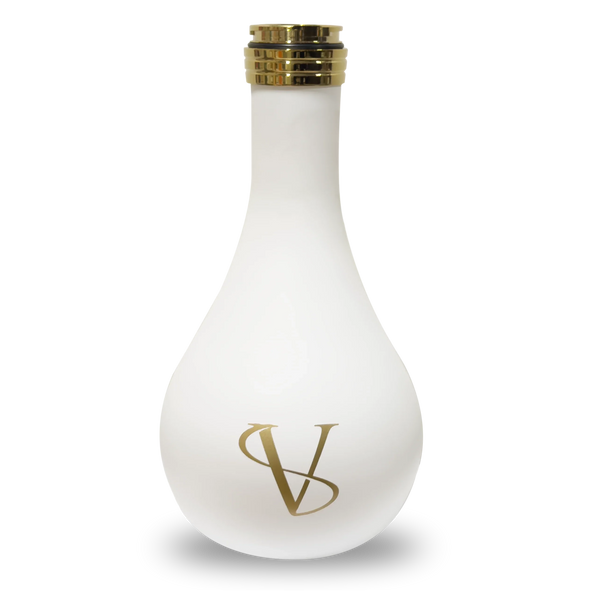 White shisha glass base with gold VS logo and metallic neck, isolated on black background