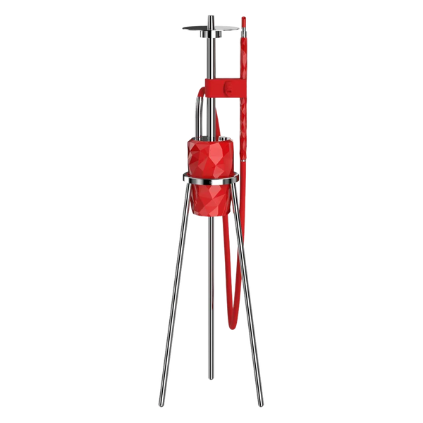 Modern red and silver hookah with geometric design and tripod legs on white background