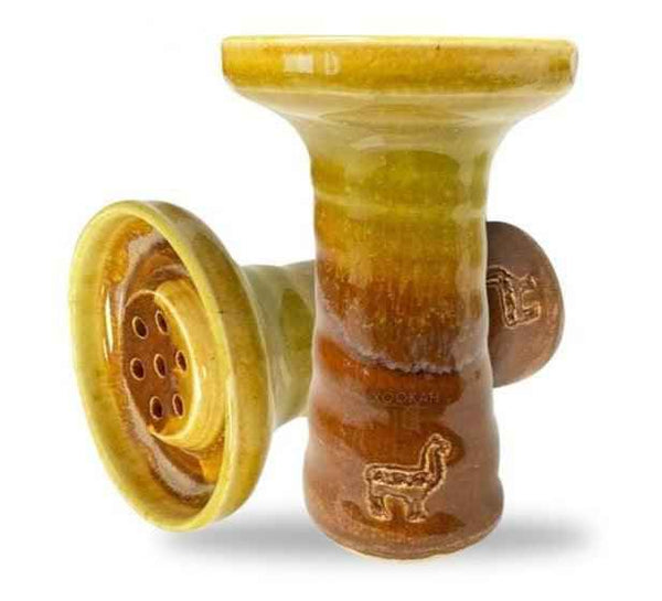 Ceramic shisha bowl with yellow and brown glaze, engraved animal design, multiple holes