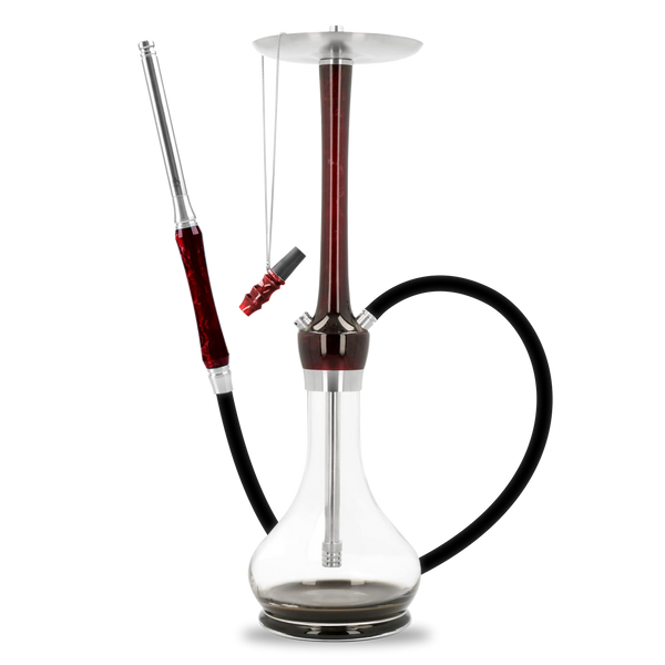 Modern glass and metal shisha pipe with red accents, black hose, and mouthpiece