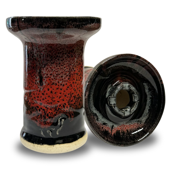 Ceramic hookah bowl with red and black glaze, displayed upright and on its side