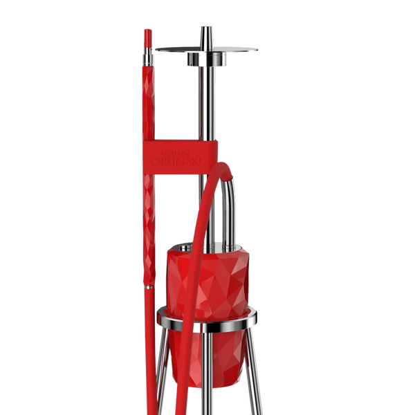 Modern red geometric hookah with stainless steel stem and hose on white background