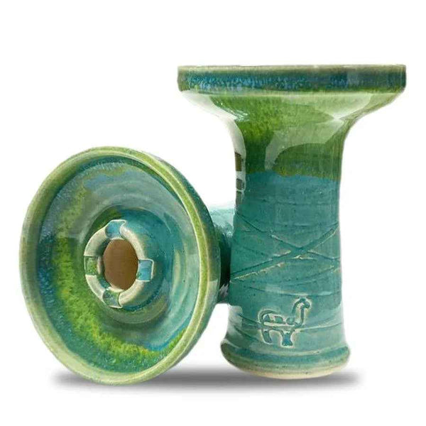 Ceramic shisha bowl in turquoise and green with engraved llama design, hookah accessory.
