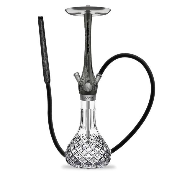 Elegant glass and metal shisha pipe with textured base and attached black hose