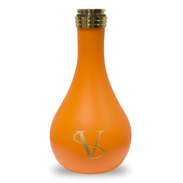 Orange matte hookah vase with gold logo and metallic neck, isolated on white background